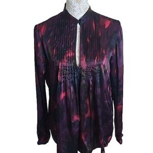 Theory Silk Bianca Vague Pintuck Purple Print Long Sleeve Blouse Top Medium